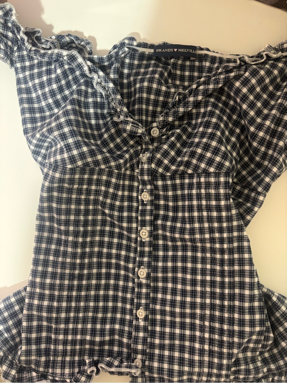 Brandy Melville Navy & White Plaid Ruffle Button Top